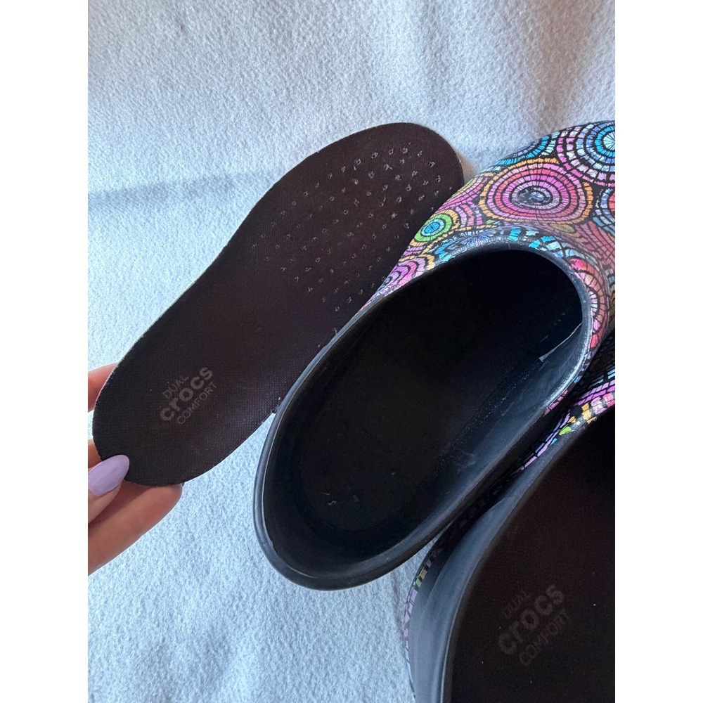 CROCS Women’s Slip-On Clogs in Pink, Blue, Yellow & Green Pattern - Picture 9 of 13
